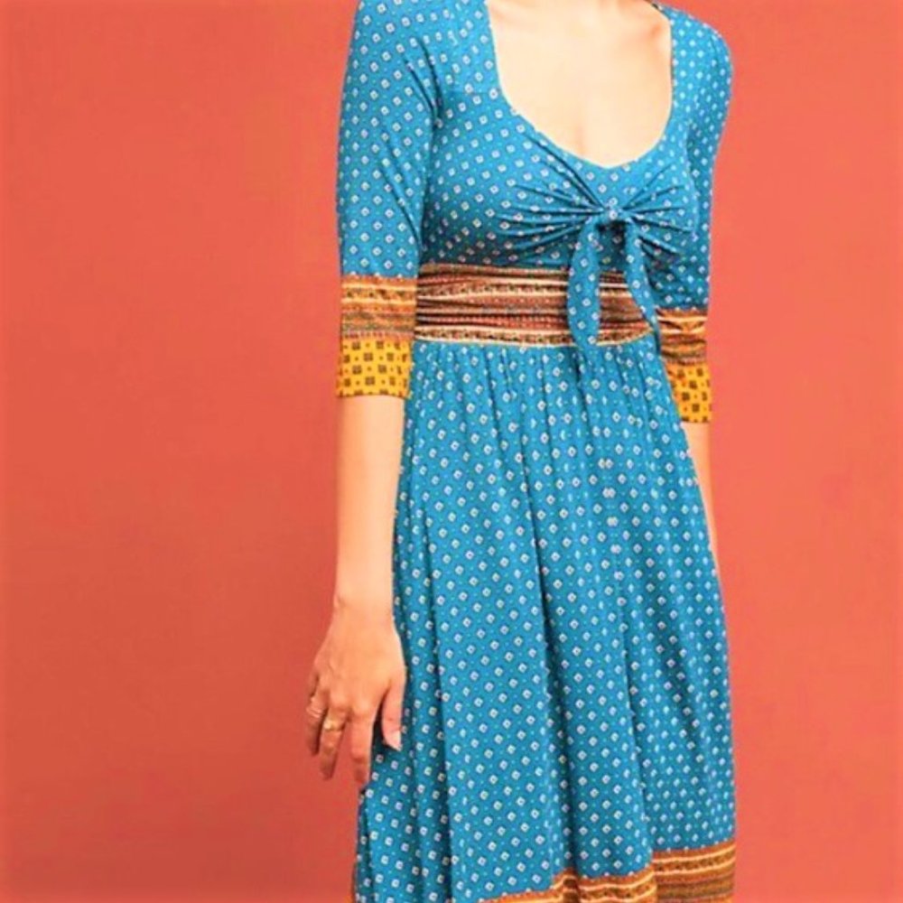 Maeve Midi Dress Sweetheart Blue Motif Gold Border Ruched Bust Tie Detail M